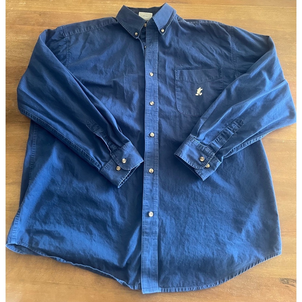 Disneyland Resort Shirt Mens Large Solid Blue Long Sleeve Mickey Mouse Button Up